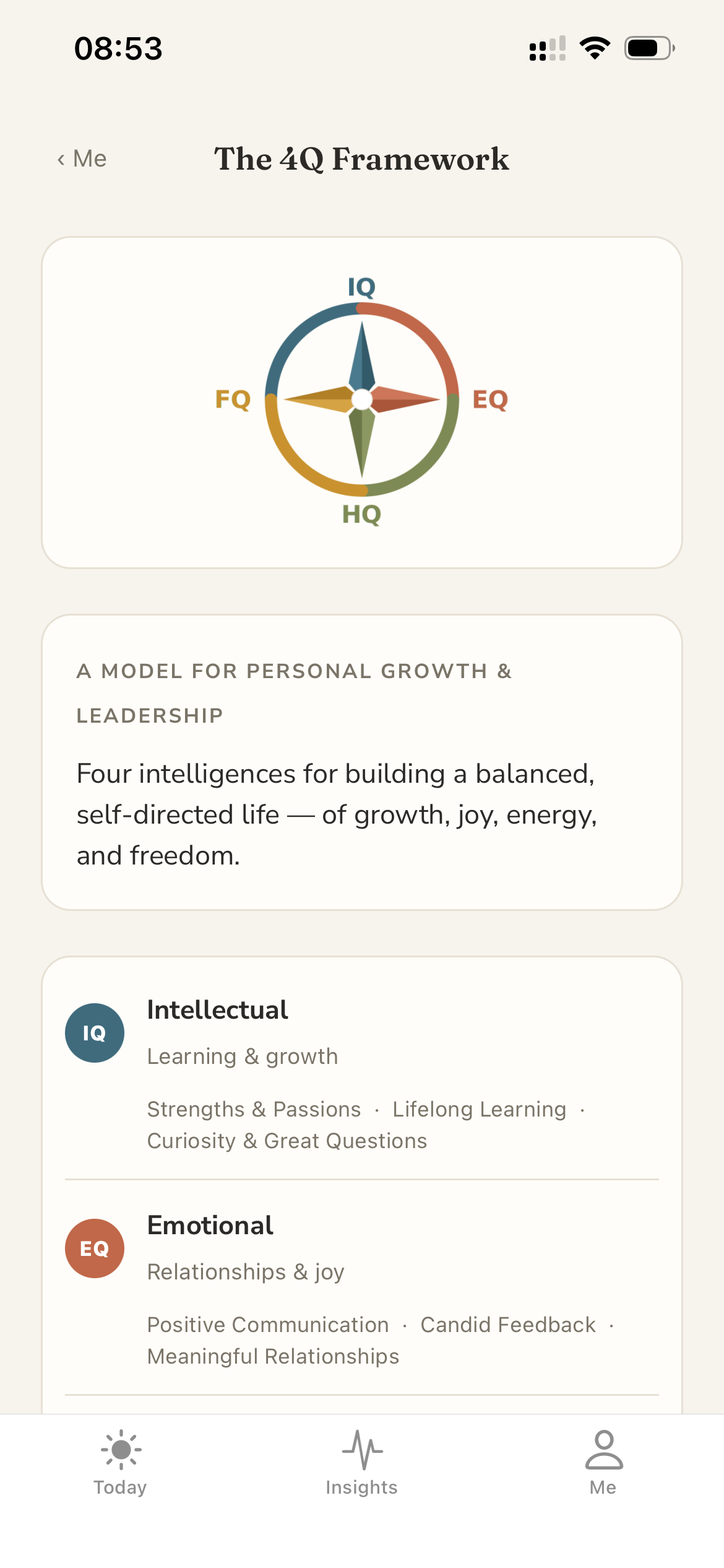 In-app overview of the 4Q Framework, light mode.