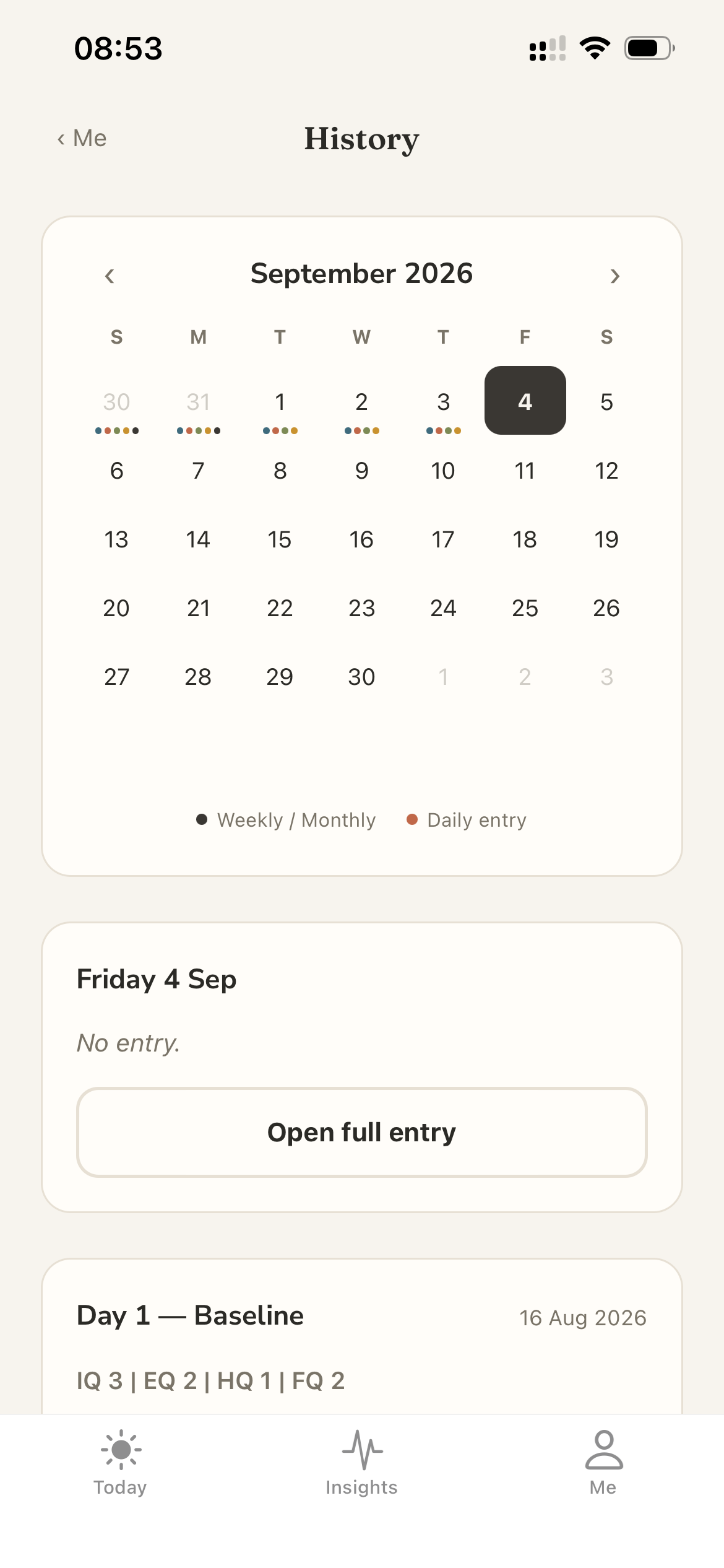 History calendar in light mode with daily entry markers.