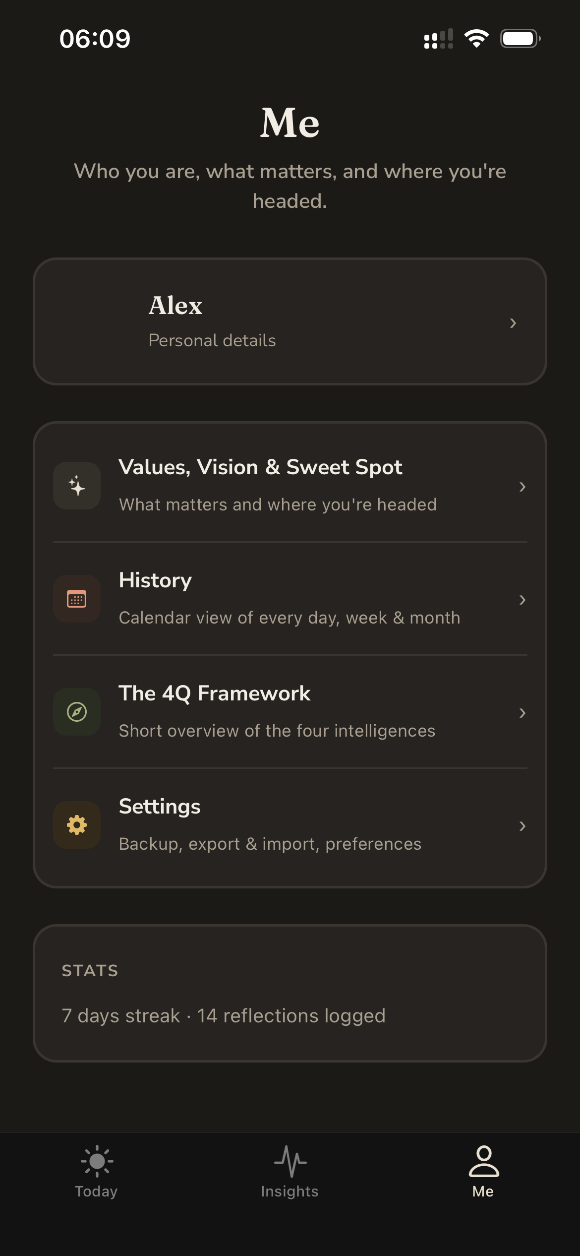 Me screen in dark mode: values, vision, history, and settings.