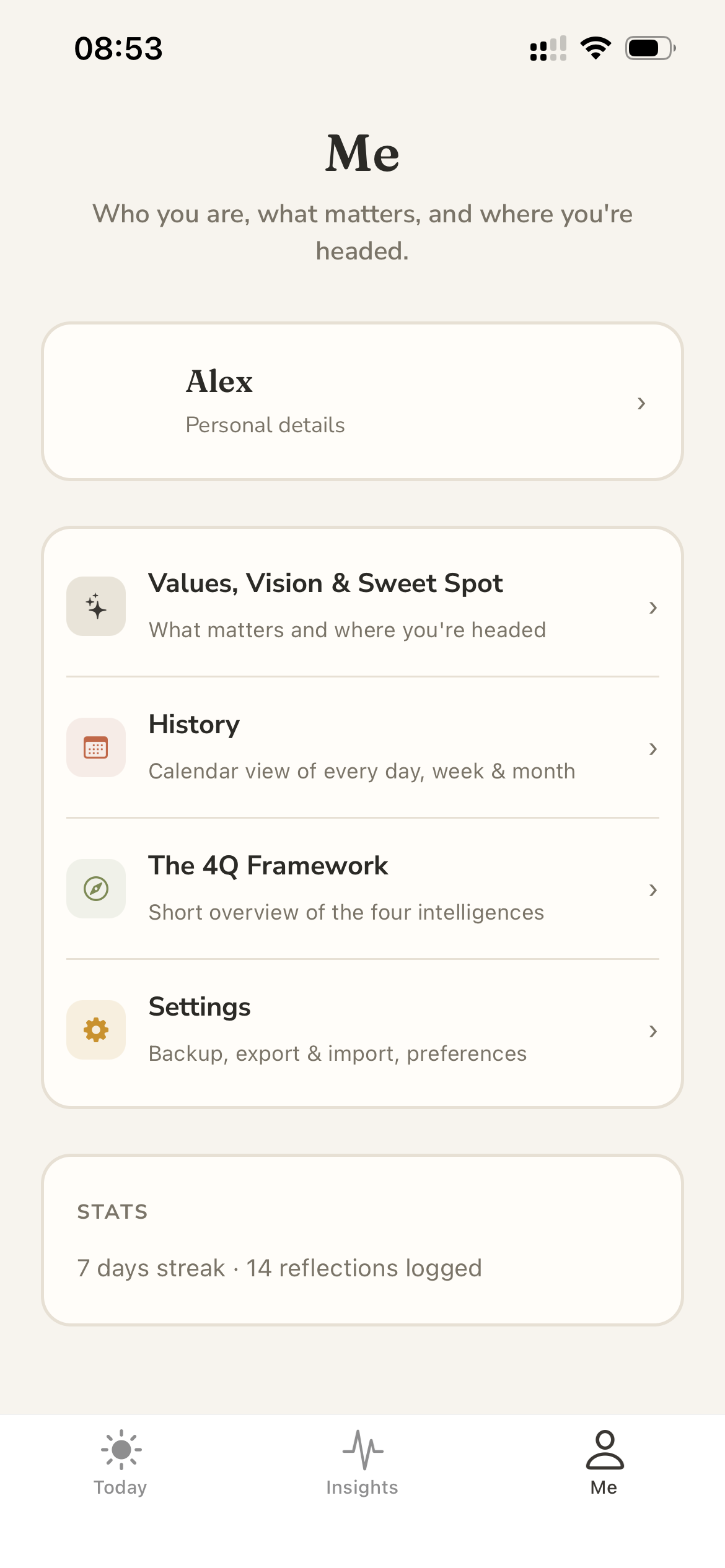 Me screen in light mode: values, vision, history, and settings.