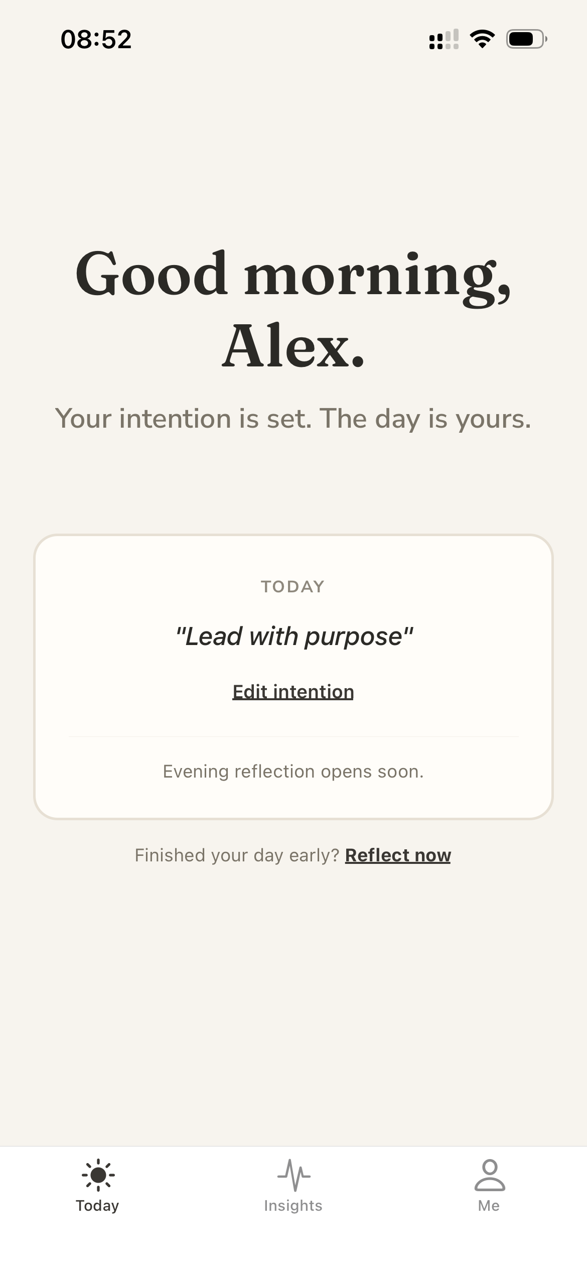 Today screen in light mode: Good morning, Alex, with intention Lead with purpose.